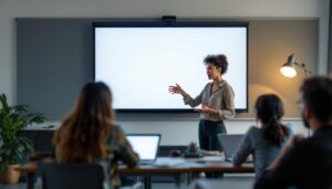 A photograph of a frustrated teacher or student interacting with a non-responsive smart board in a classroom setting