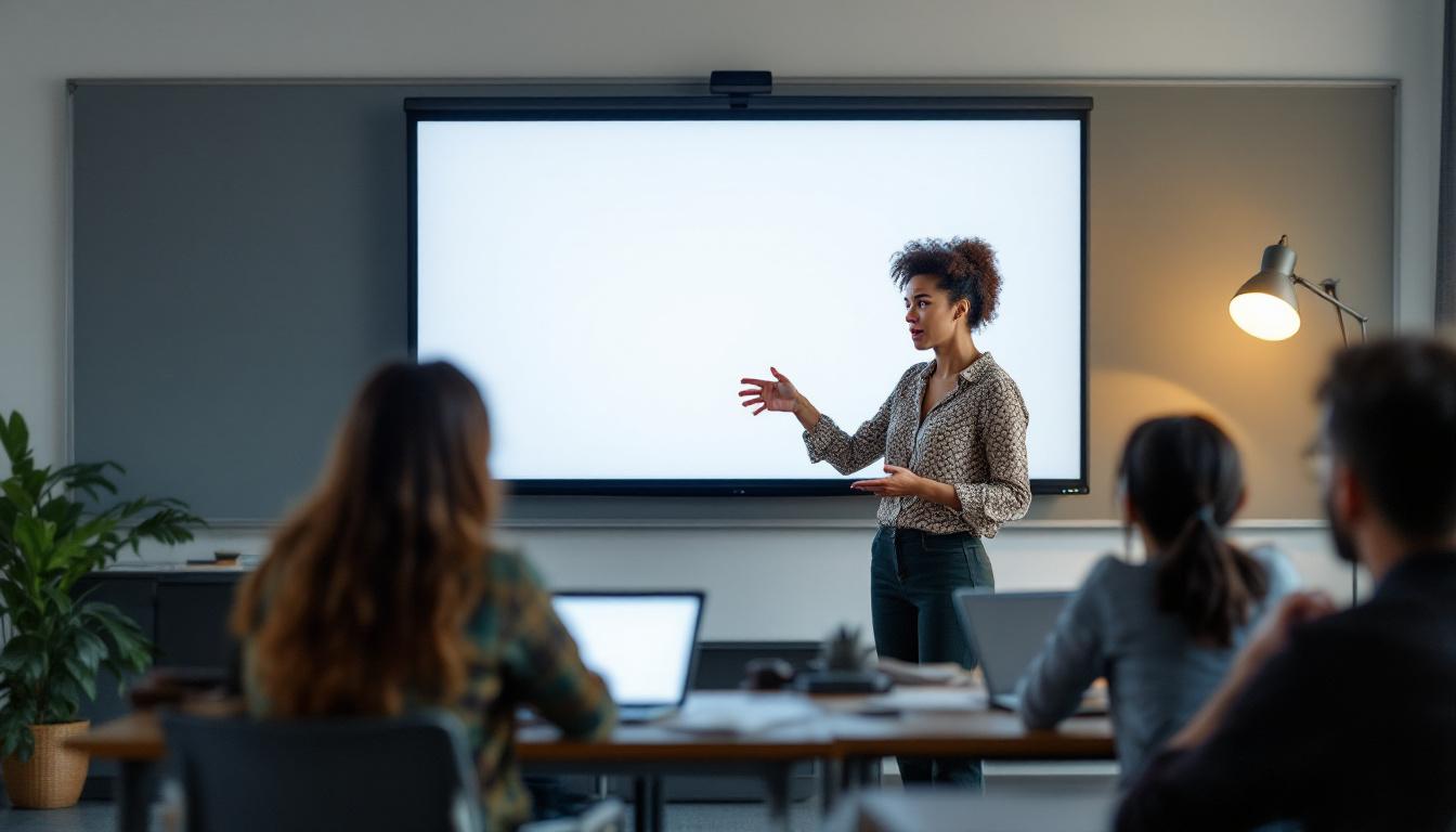 A photograph of a frustrated teacher or student interacting with a non-responsive smart board in a classroom setting