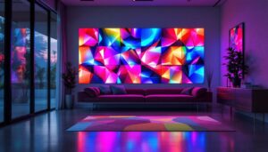 A photograph of a vibrant led tile light display in a modern setting