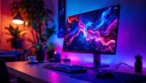 A photograph of a sleek desktop pc setup featuring a vibrant led display in use