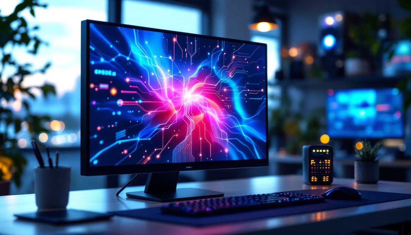 A photograph of a sleek usb touch screen monitor displaying vibrant led graphics in a modern workspace setting