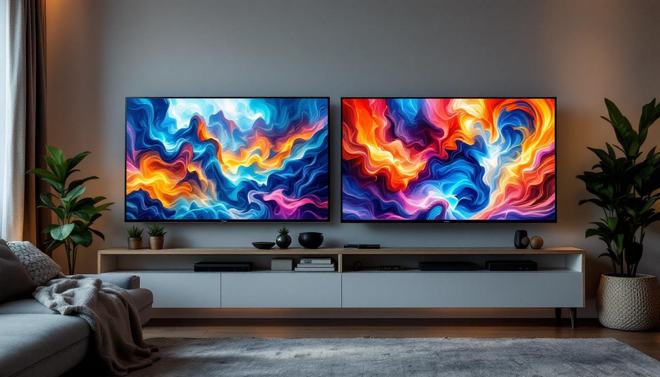 A photograph of a side-by-side comparison of an lcd tv and an led tv in a living room setting