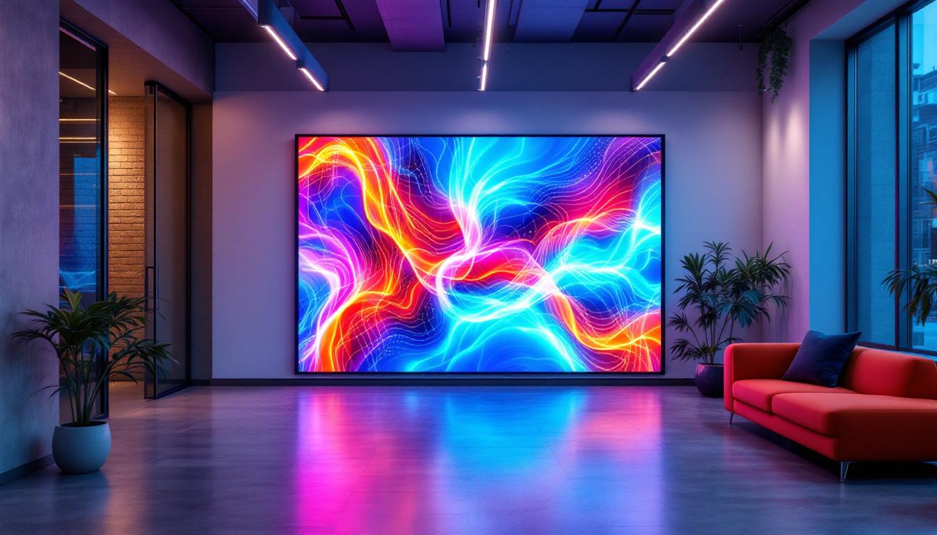 A photograph of capture a photograph of a modern indoor space featuring a temporary wall adorned with a vibrant led display