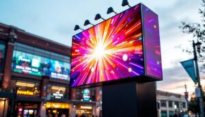 A photograph of a vibrant led display in an urban setting of beaverton
