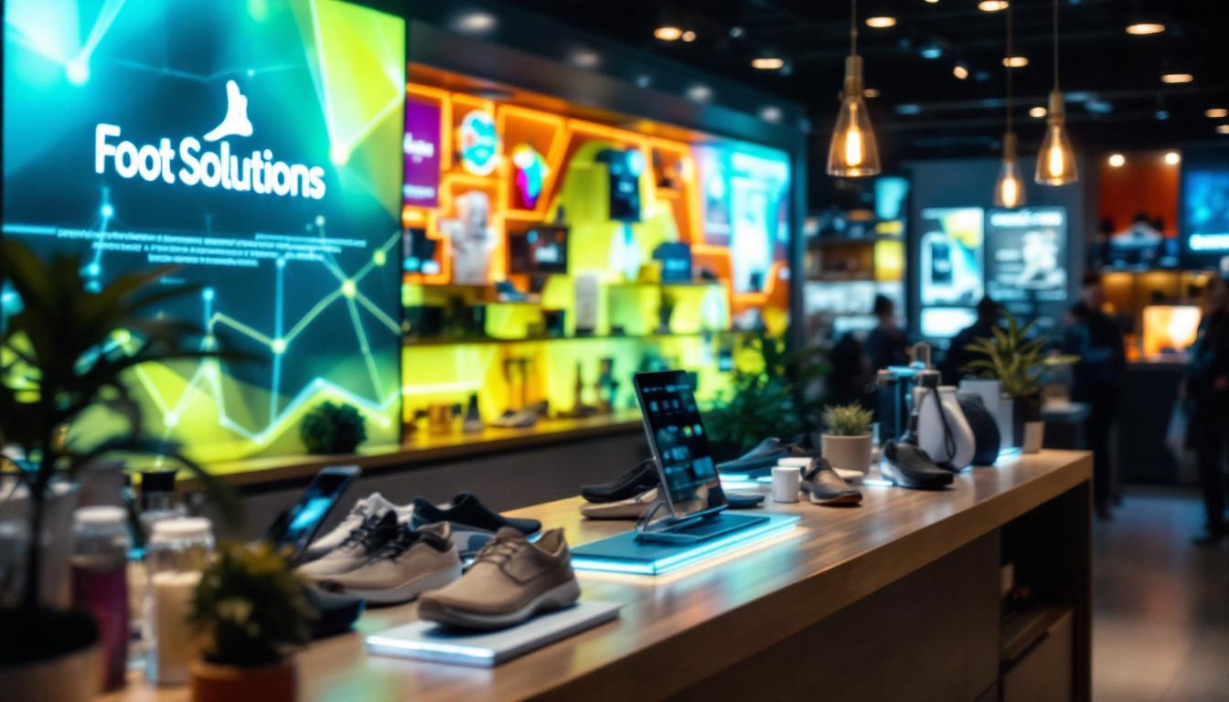 A photograph of a vibrant led display showcasing foot solutions products in an engaging retail environment