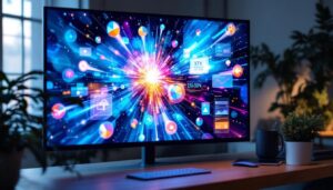 A photograph of a large touch monitor displaying vibrant