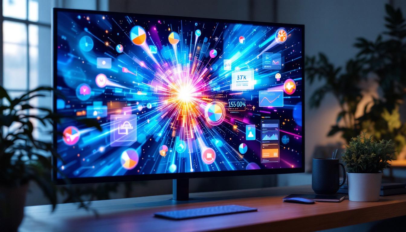 A photograph of a large touch monitor displaying vibrant