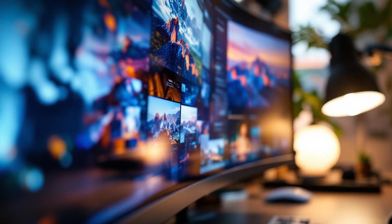 A photograph of a close-up view of a vibrant led monitor displaying various high-resolution images