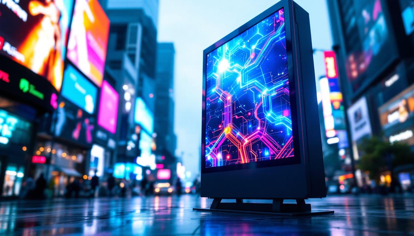 A photograph of a vibrant led display in a dynamic urban setting