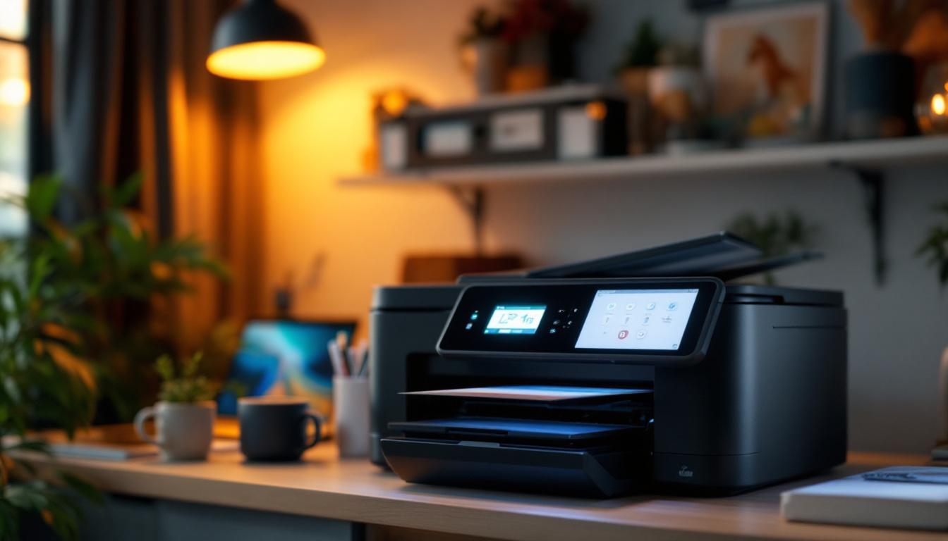 A photograph of a modern all-in-one printer in a cozy home office setting