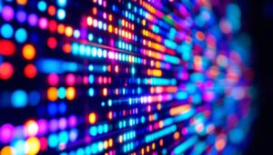 A photograph of a close-up shot of a vibrant led display showcasing a colorful matrix projection