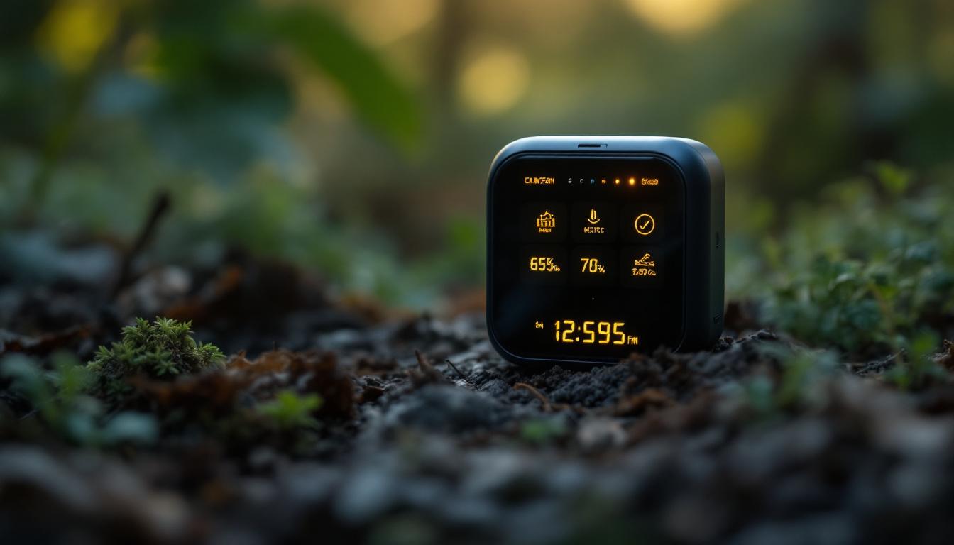 A photograph of capture a photograph of a sleek carbon tracking camera with its led display illuminated