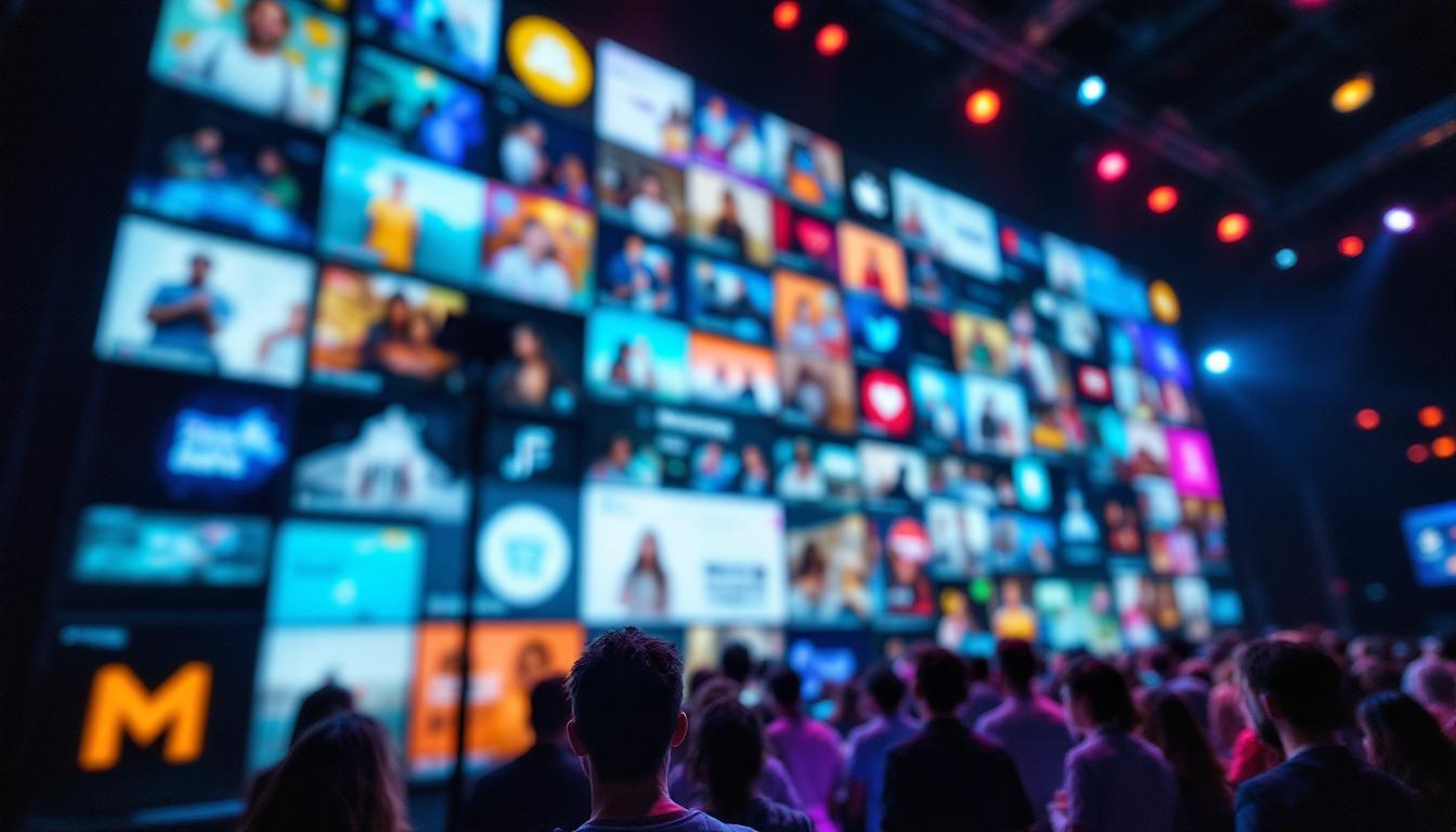 A photograph of a vibrant social media wall in a lively event setting