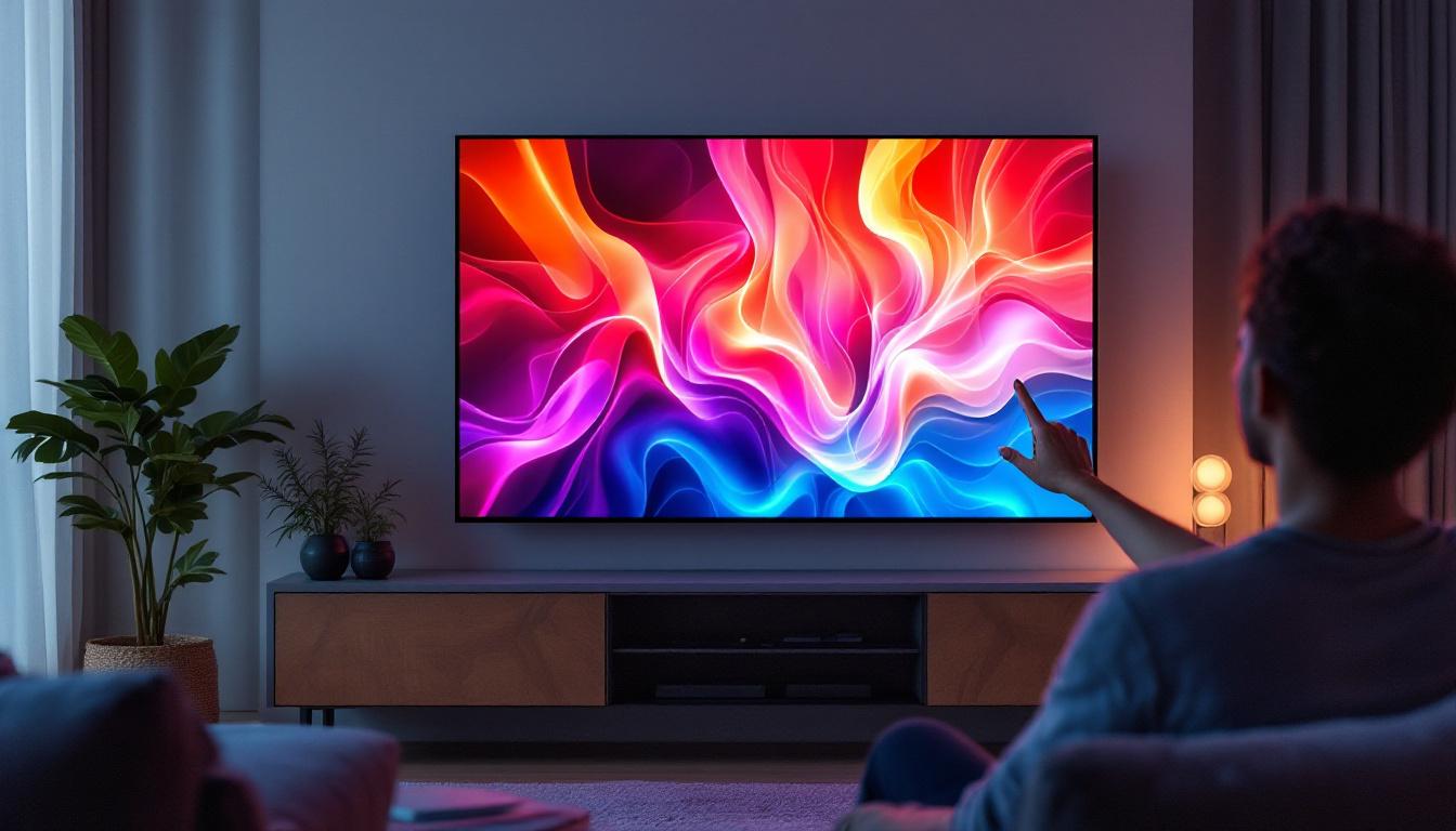 A photograph of capture a photograph of a sleek 65-inch touch screen tv displaying vibrant led visuals in a modern living room setting
