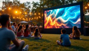 A photograph of a vibrant outdoor setting featuring a large led projector displaying a dynamic image on a screen