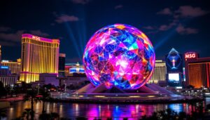 A photograph of capture a photograph of the vibrant led display of the msg sphere in las vegas at night