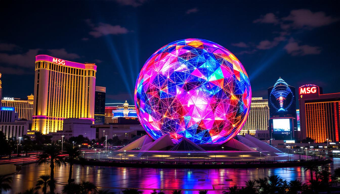 A photograph of capture a photograph of the vibrant led display of the msg sphere in las vegas at night