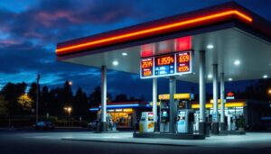 A photograph of a vibrant gas station at dusk