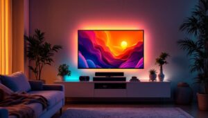 A photograph of a cozy living room setting featuring a modern tv with vibrant led lights illuminating the area around it