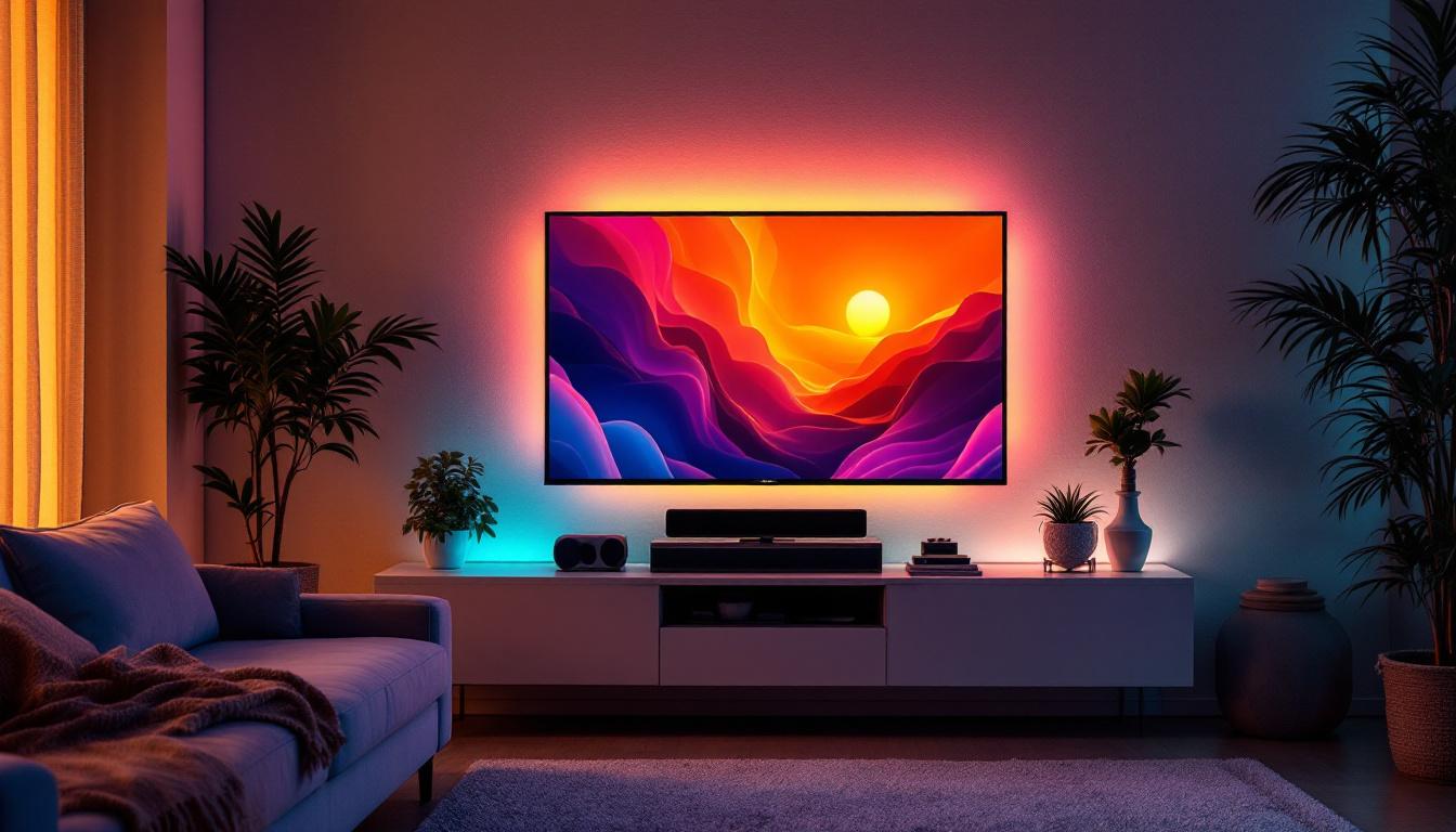 A photograph of a cozy living room setting featuring a modern tv with vibrant led lights illuminating the area around it