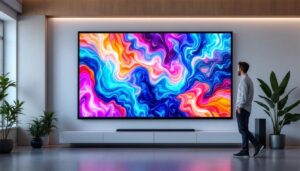 A photograph of a large led display screen showcasing vibrant visuals
