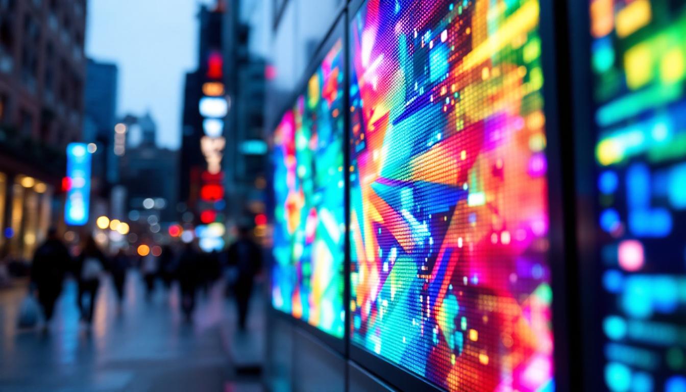 A photograph of a vibrant led display showcasing dynamic colors and patterns in an urban setting
