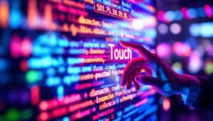 A photograph of a close-up shot of a vibrant led display showcasing a digital touch message in action