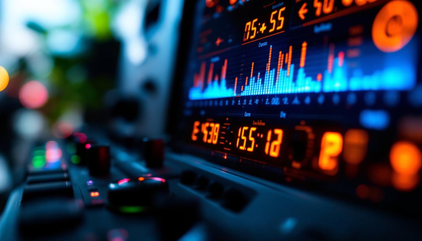 A photograph of a close-up shot of a speaker cabinet with an illuminated led display