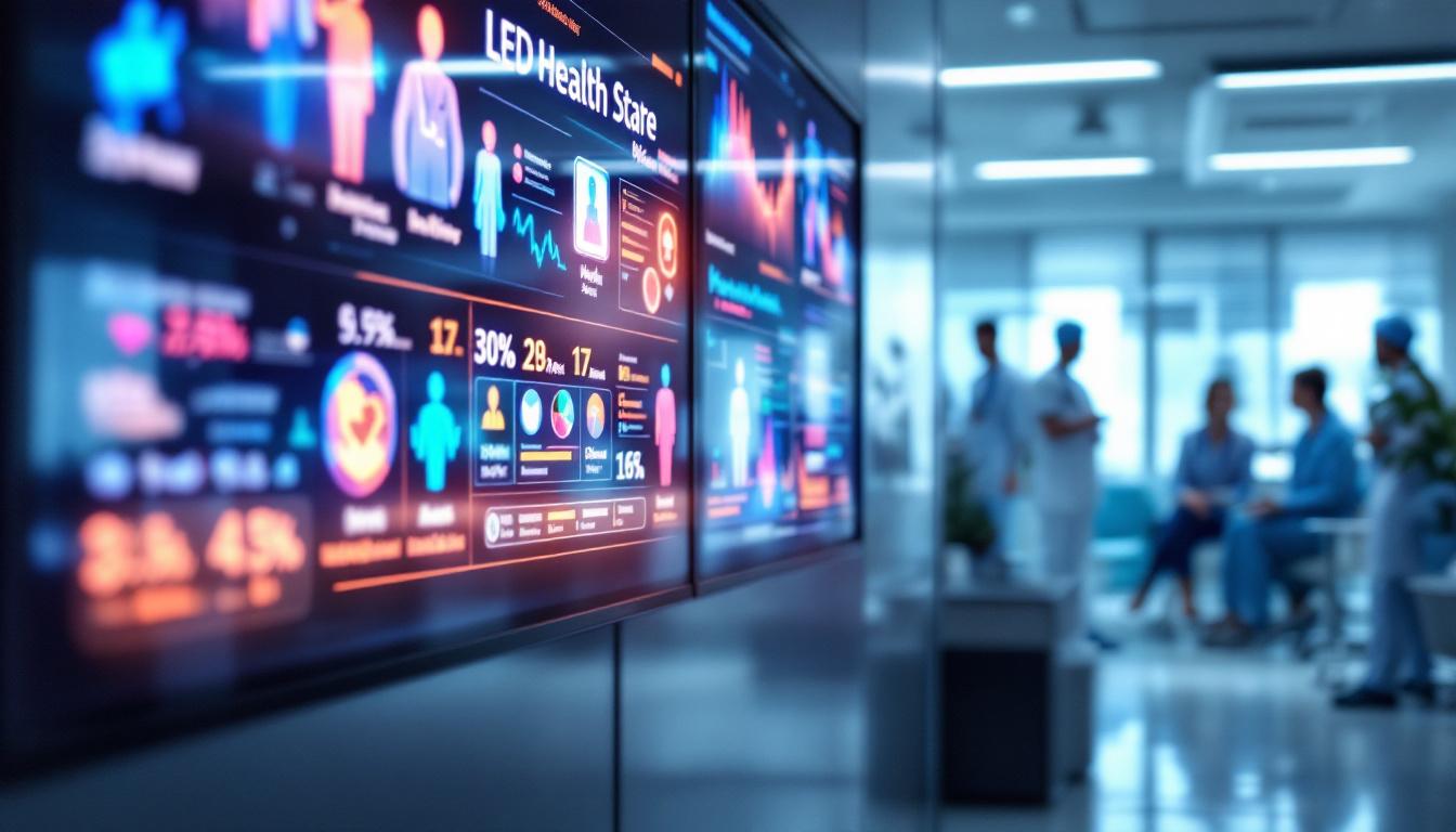 A photograph of a vibrant healthcare setting featuring an led digital signage display