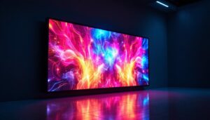 A photograph of a vibrant led display in a darkened environment