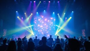 A photograph of the vibrant led display at helium club in portland