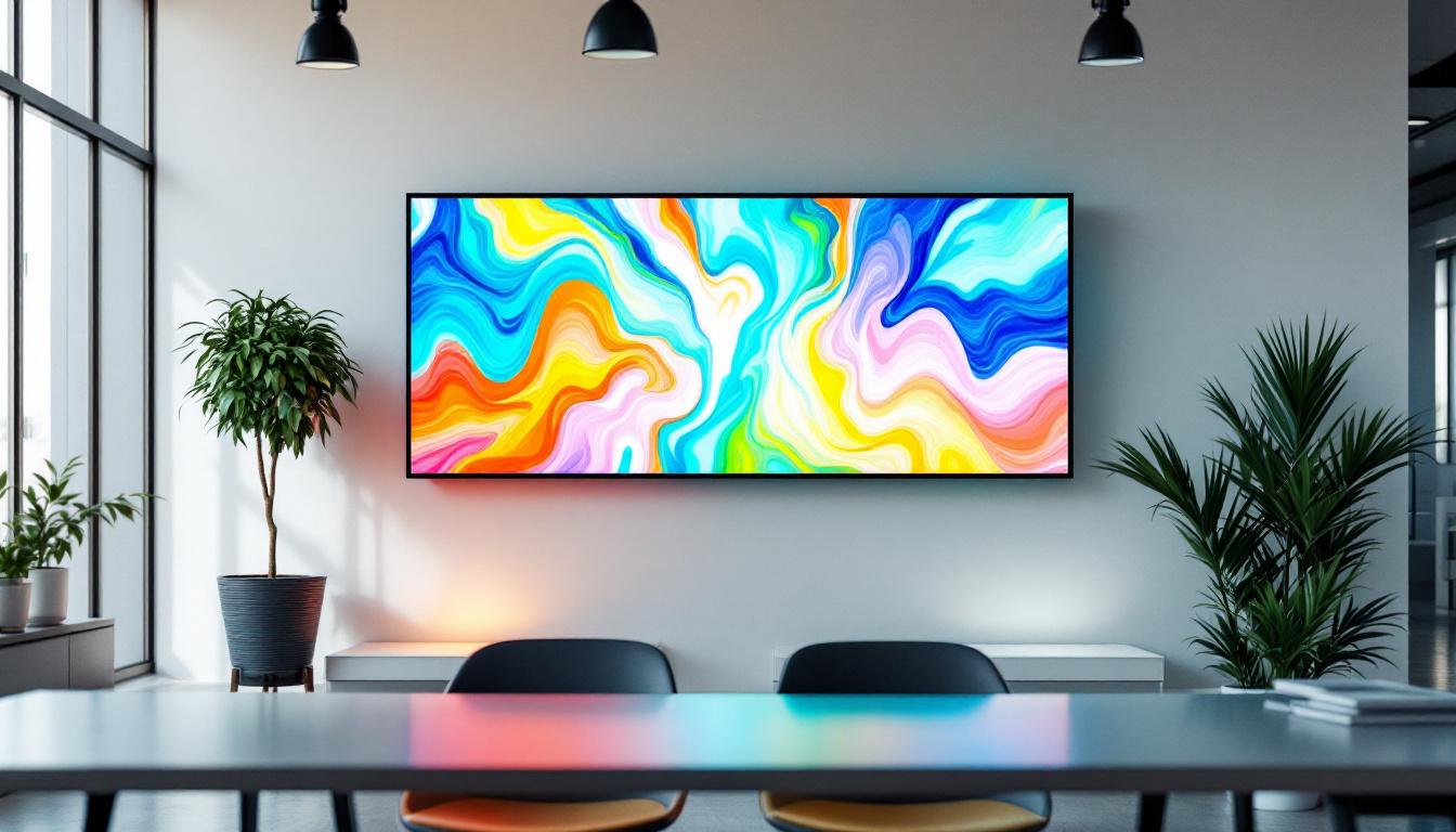 A photograph of a stylish office environment featuring an led display showcasing vibrant