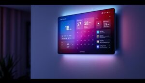 A photograph of a sleek electronic wall organizer mounted on a modern wall