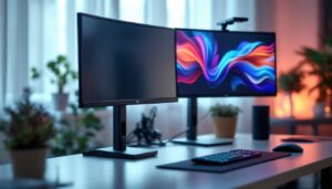 A photograph of a sleek dual monitor stand featuring two led displays in a modern workspace