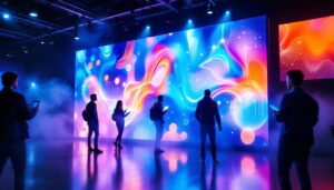 A photograph of a vibrant led display in a dynamic setting