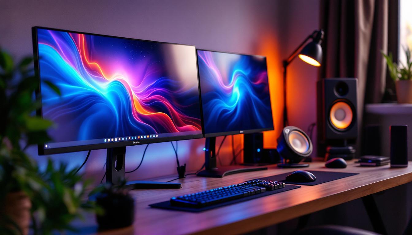 A photograph of capture a photograph of a sleek dual monitor desktop setup featuring vibrant led displays