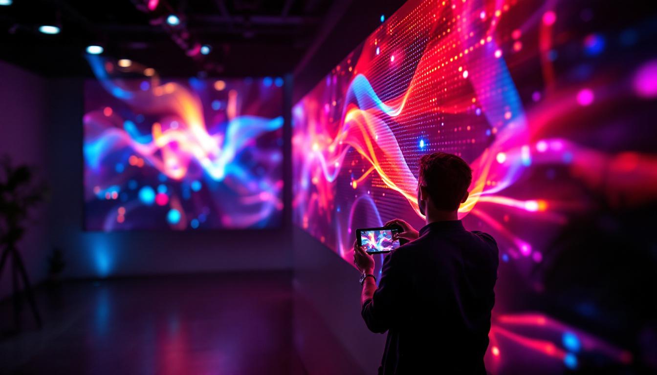 A photograph of a vibrant led display in a dimly lit environment