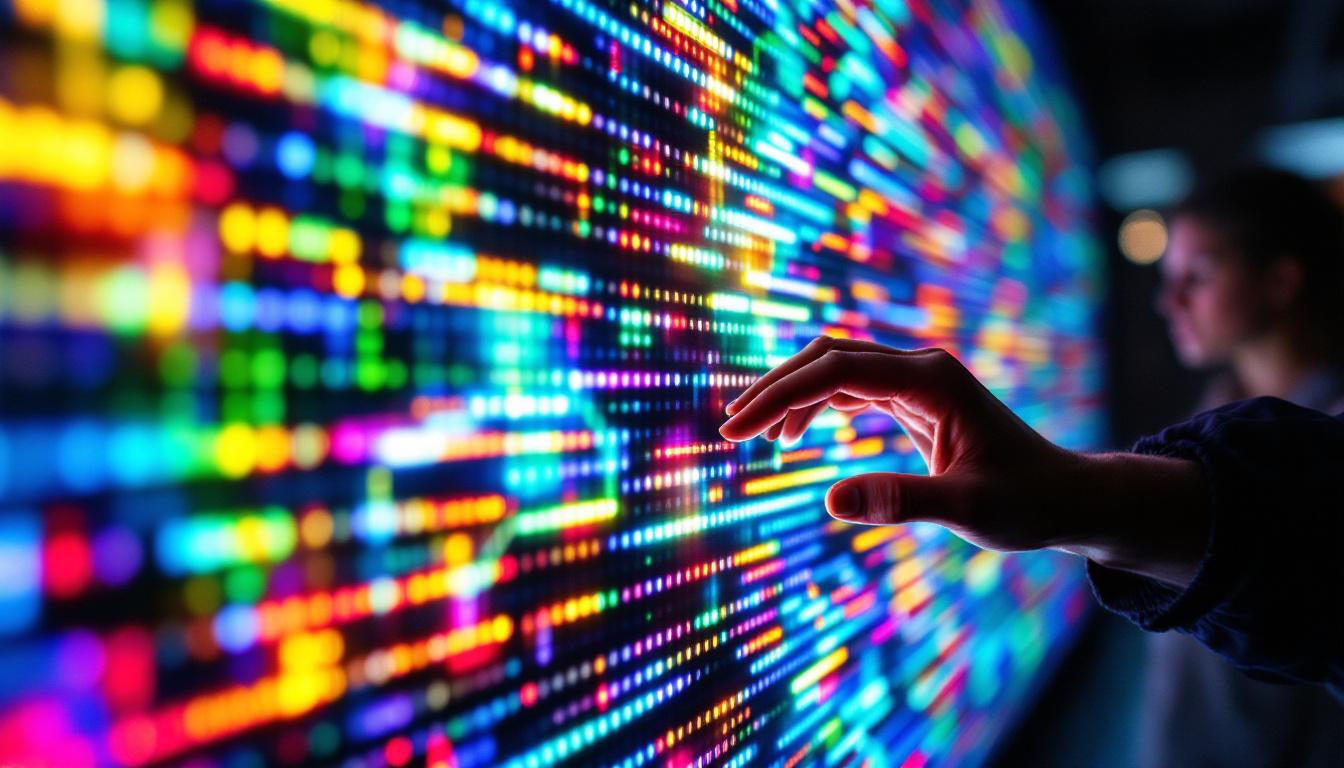 A photograph of a close-up of a vibrant led display showcasing dynamic colors and patterns