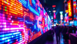 A photograph of a vibrant led display showcasing dynamic visuals and colors