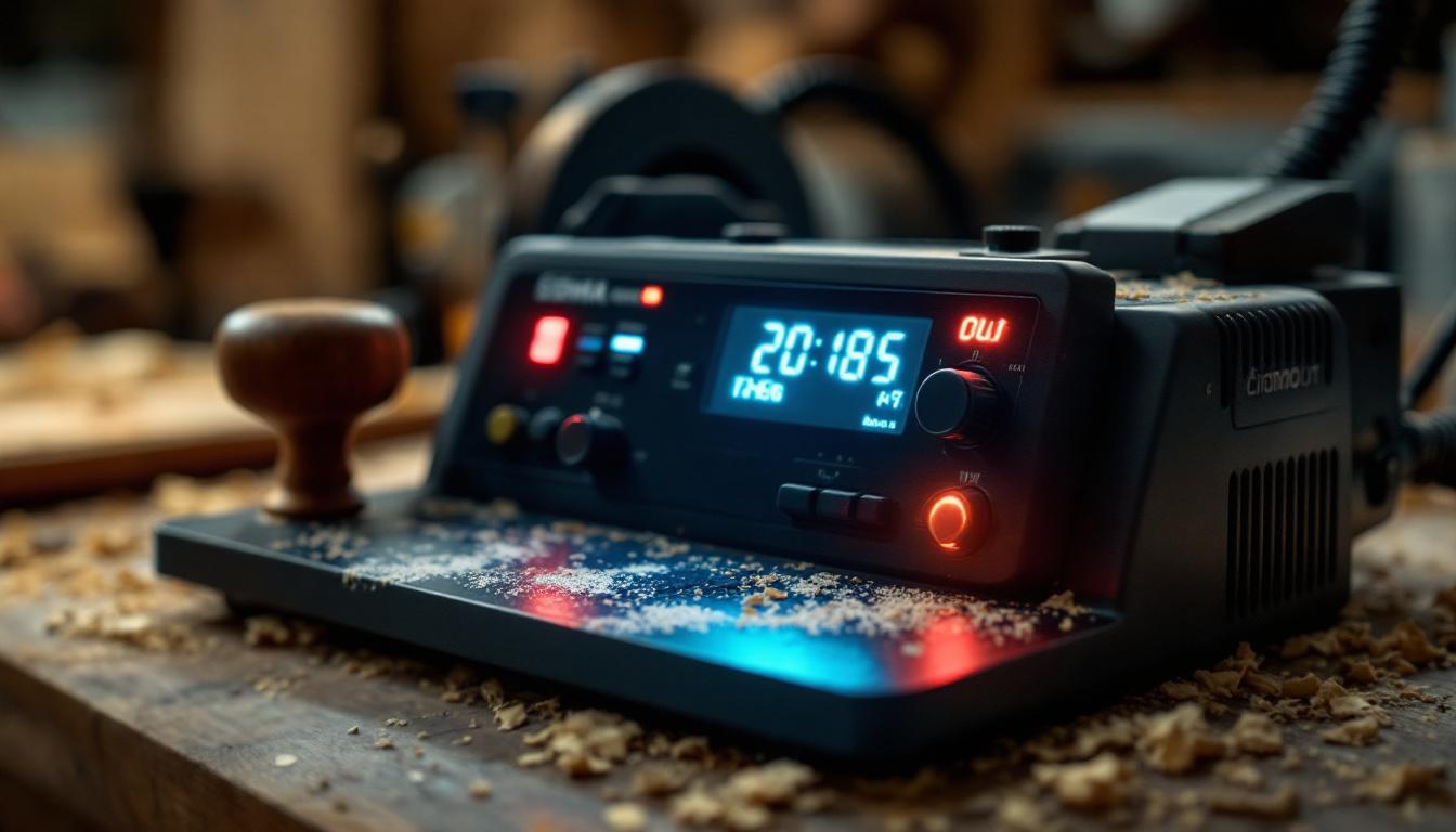 A photograph of a close-up shot of a used planer with its led display illuminated