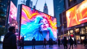 A photograph of capture a photograph of a vibrant led display in an urban setting