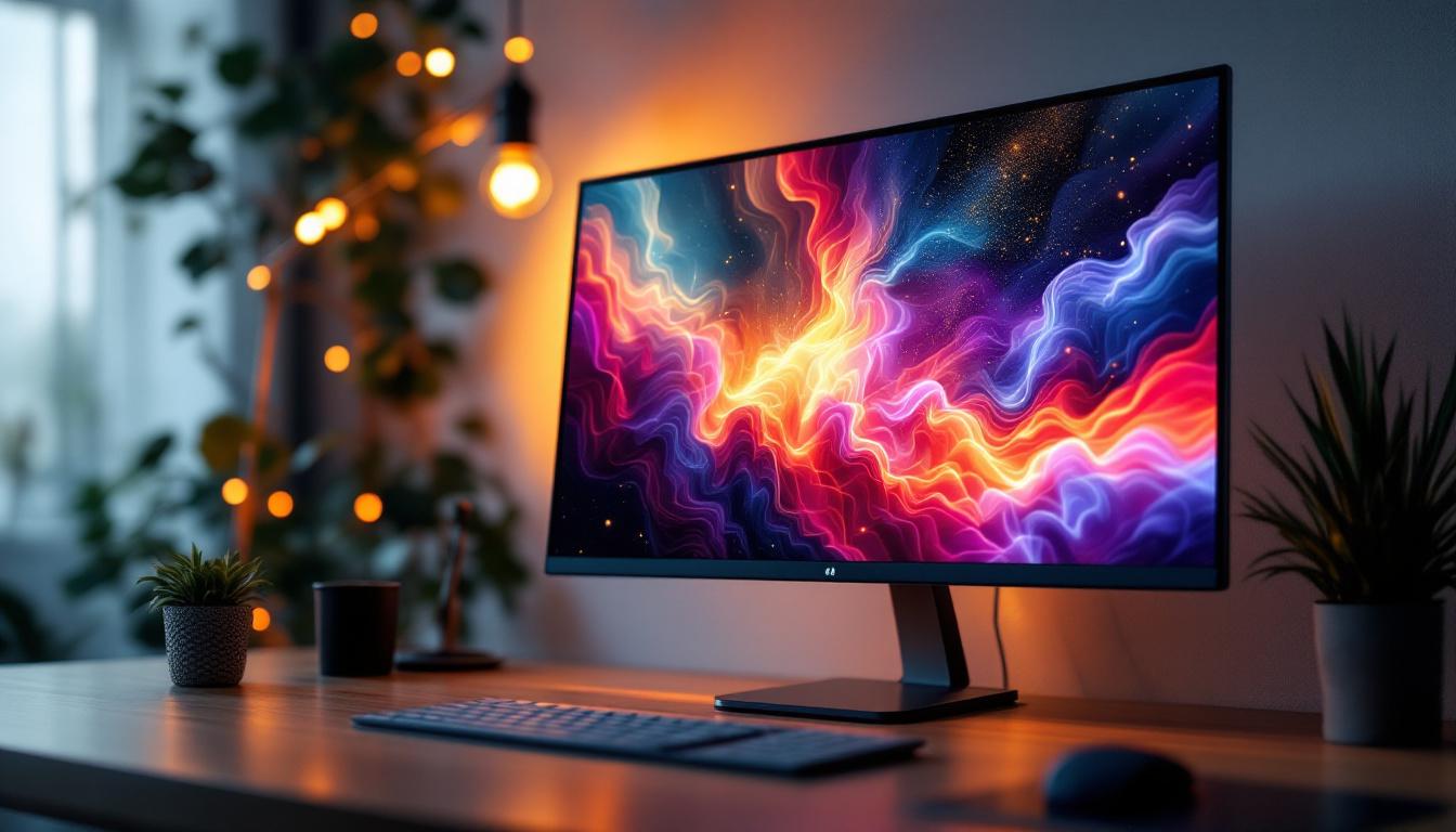 A photograph of a sleek led desktop monitor displaying vibrant