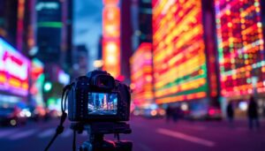 A photograph of capture a photograph of a vibrant led display in a dynamic urban setting at dusk