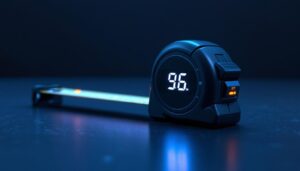 A photograph of a close-up shot of a tape measure with a digital led display