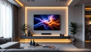 A photograph of a modern living room featuring an elegant wall panel design that incorporates a sleek led display