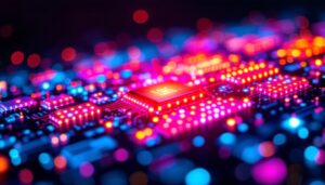A photograph of a vibrant led display showcasing dynamic visuals
