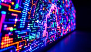 A photograph of a vibrant electroluminescent display in a dimly lit environment