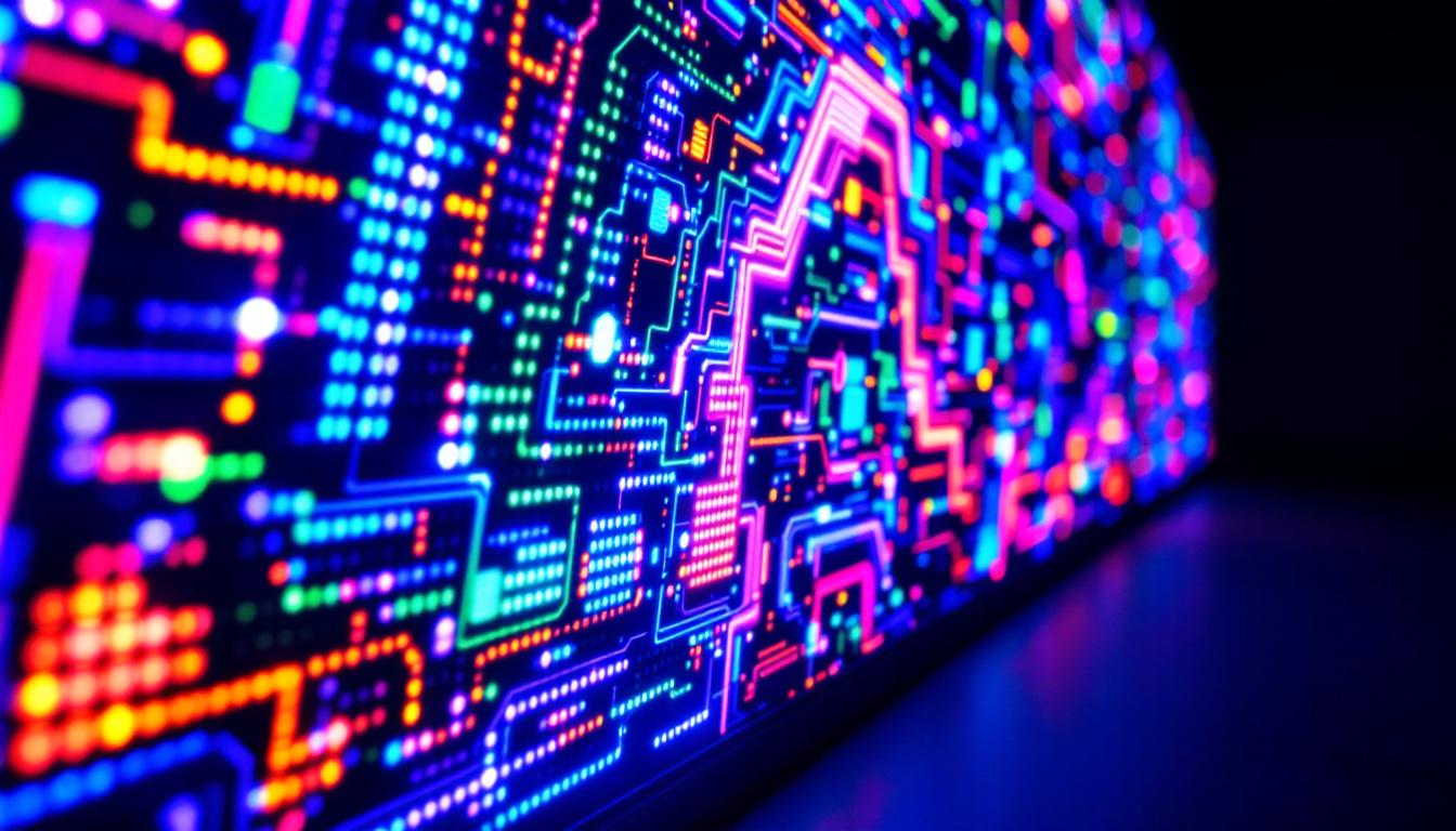 A photograph of a vibrant electroluminescent display in a dimly lit environment