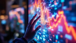 A photograph of a close-up shot of a vibrant touch panel led display in action