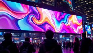 A photograph of a vibrant led display in a dynamic urban setting